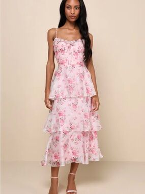 Lulu's Pink Floral Tiered Midi Dress with Spaghetti Straps